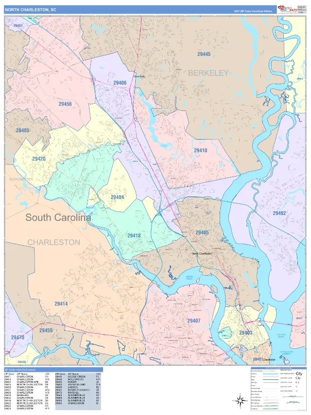North Charleston, SC ZIP Code Wall Map, ColorCast style