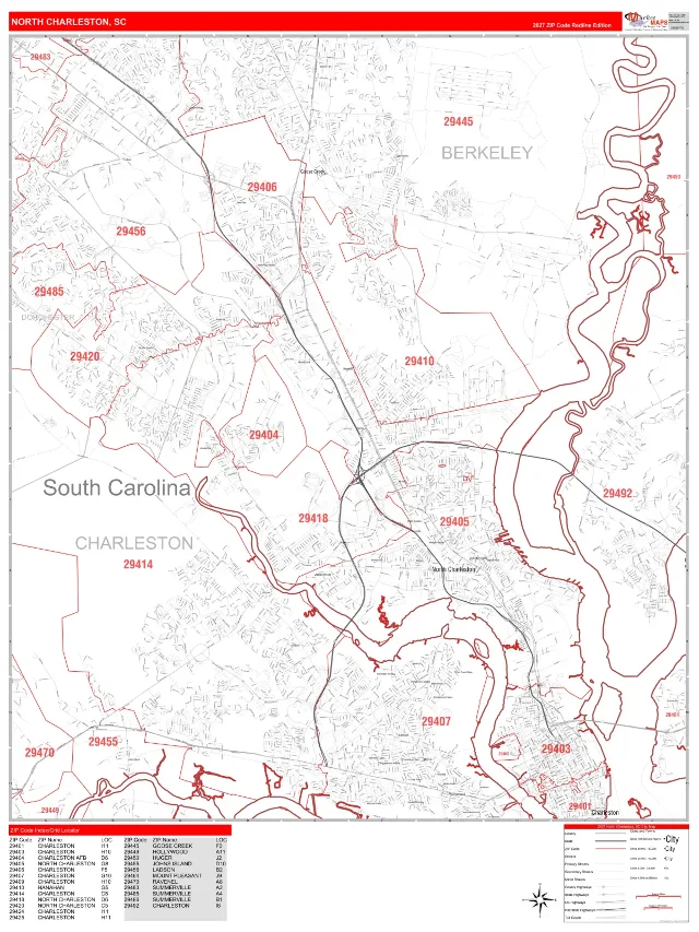 North Charleston, SC ZIP Code Wall Map, RedLine style