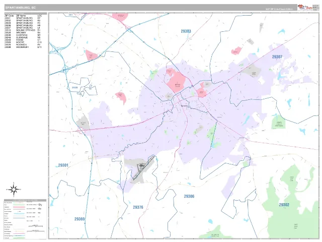 Spartanburg, SC ZIP Code Wall Map, Classic style