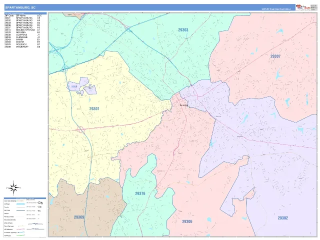 Spartanburg, SC ZIP Code Wall Map, ColorCast style