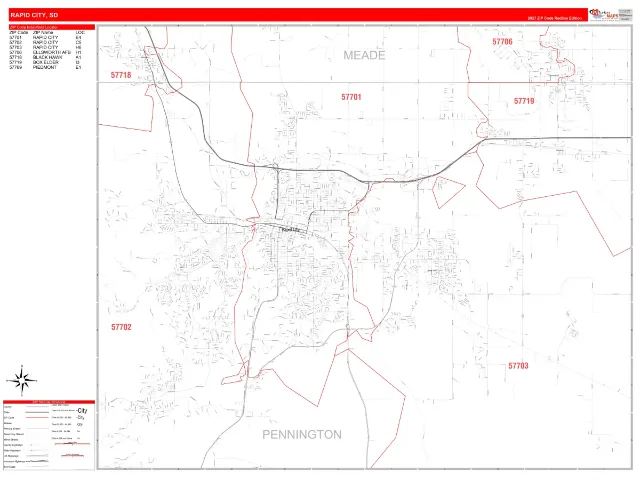 Rapid City, SD ZIP Code Wall Map, RedLine style
