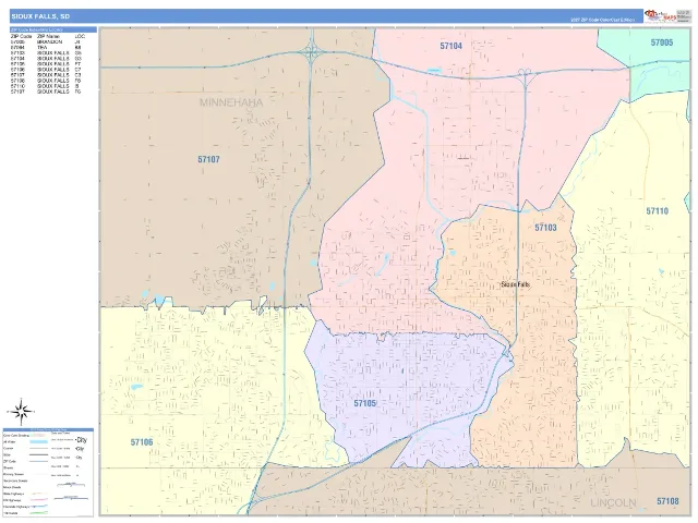 Sioux Falls, SD ZIP Code Wall Map, ColorCast style