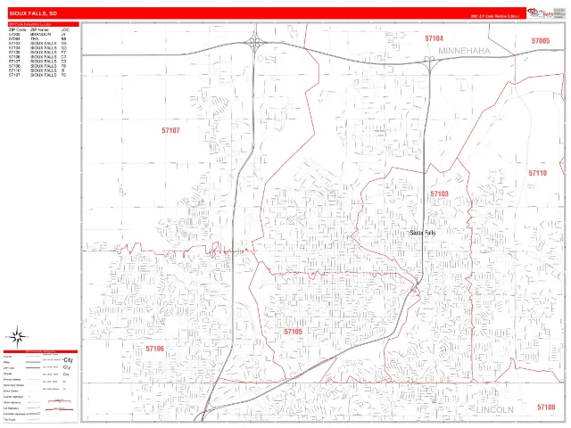 Sioux Falls, SD ZIP Code Wall Map, RedLine style