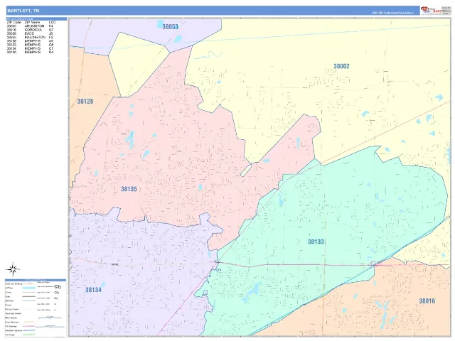 Bartlett, TN ZIP Code Wall Map, ColorCast style