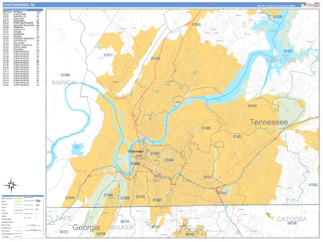 Chattanooga, TN ZIP Code Wall Map, Business Reference style