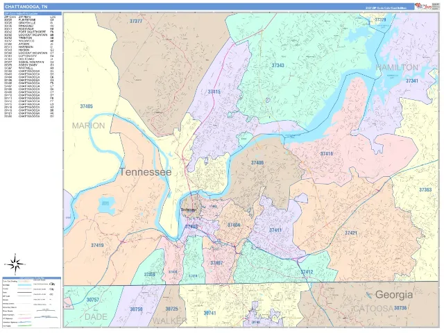 Chattanooga, TN ZIP Code Wall Map, ColorCast style