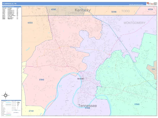 Clarksville, TN ZIP Code Wall Map, ColorCast style