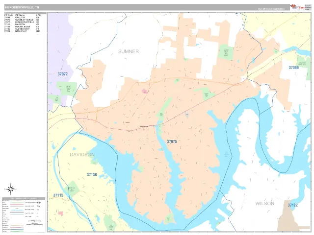 Hendersonville, TN ZIP Code Wall Map, Classic style