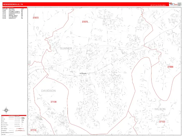 Hendersonville, TN ZIP Code Wall Map, RedLine style