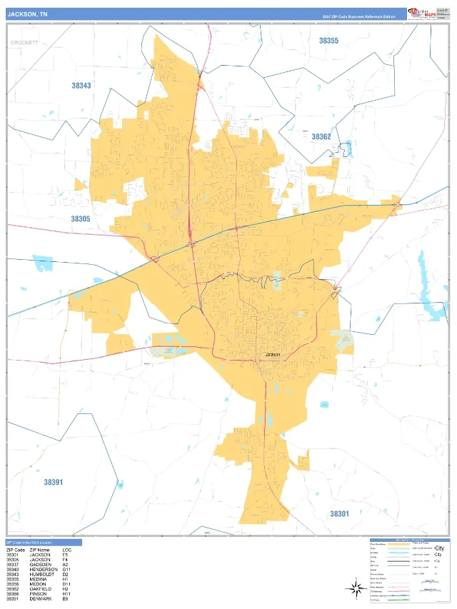 Jackson, TN ZIP Code Wall Map, Business Reference style