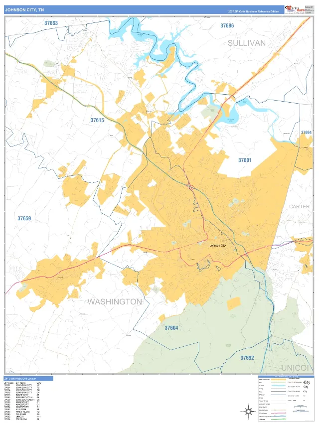Johnson City, TN ZIP Code Wall Map, Business Reference style