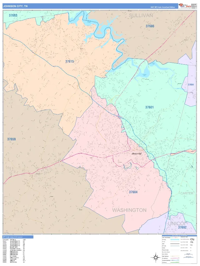 Johnson City, TN ZIP Code Wall Map, ColorCast style