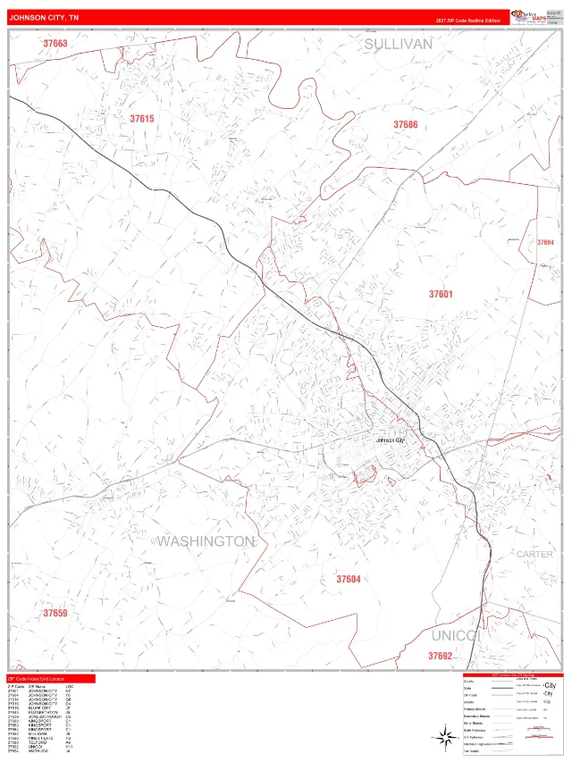 Johnson City, TN ZIP Code Wall Map, RedLine style
