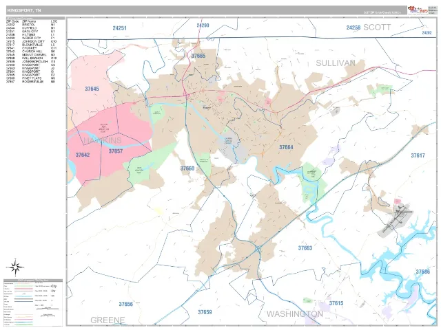 Kingsport, TN ZIP Code Wall Map, Classic style