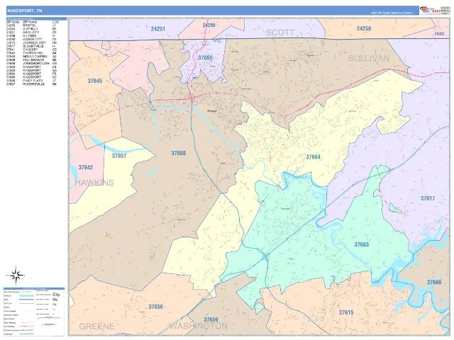 Kingsport, TN ZIP Code Wall Map, ColorCast style