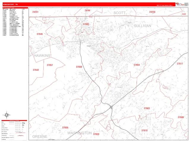 Kingsport, TN ZIP Code Wall Map, RedLine style