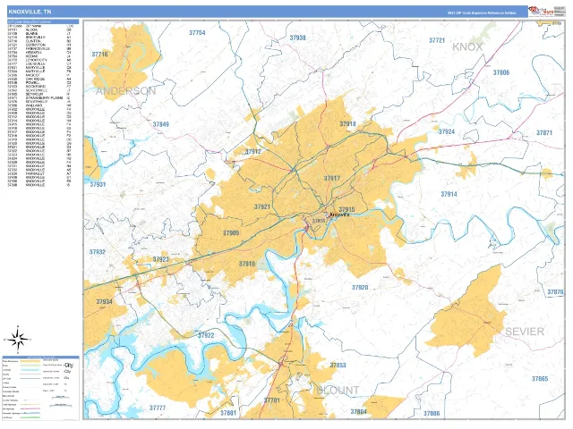 Knoxville, TN ZIP Code Wall Map, Business Reference style