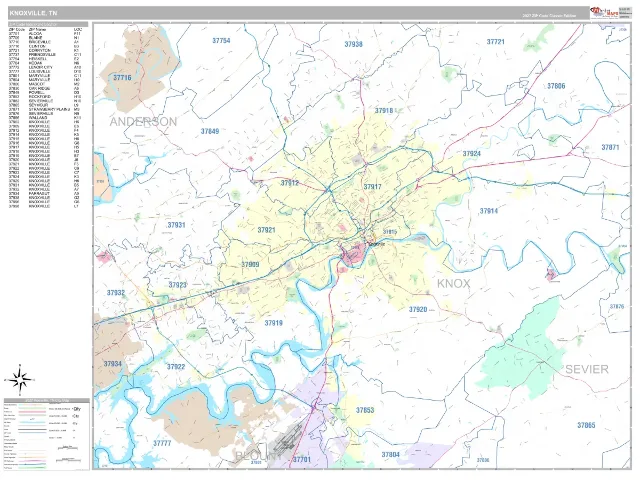 Knoxville, TN ZIP Code Wall Map, Classic style