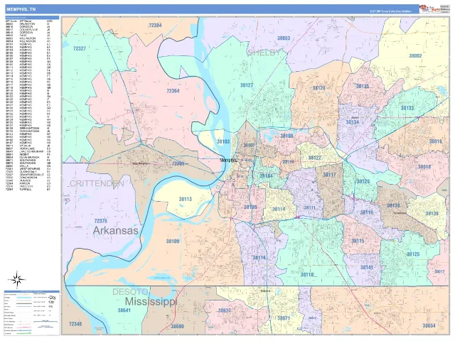 Memphis, TN ZIP Code Wall Map, ColorCast style