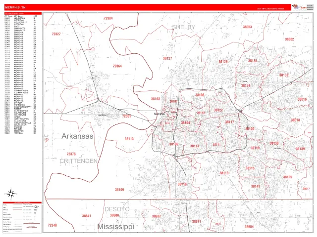 Memphis, TN ZIP Code Wall Map, RedLine style