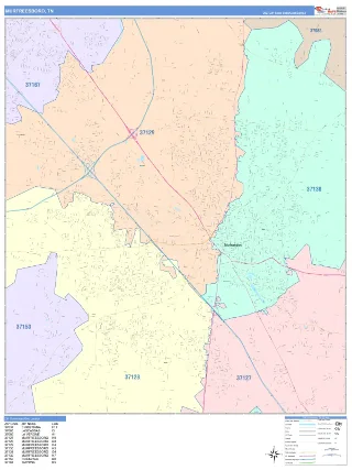 Murfreesboro, TN ColorCast style ZIP Code wall map