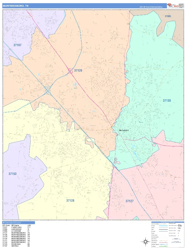 Murfreesboro, TN ZIP Code Wall Map, ColorCast style