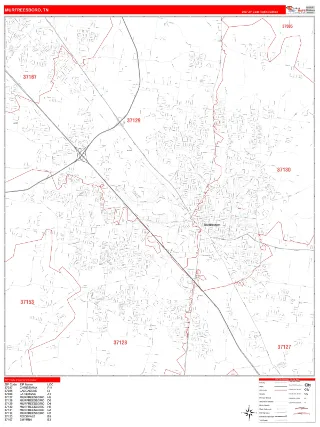 Murfreesboro, TN RedLine style ZIP Code wall map