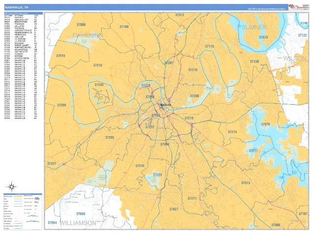 Nashville, TN ZIP Code Wall Map, Business Reference style
