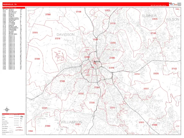 Nashville, TN ZIP Code Wall Map, RedLine style