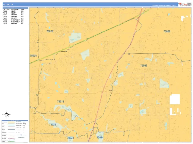 Allen, TX ZIP Code Wall Map, Business Reference style