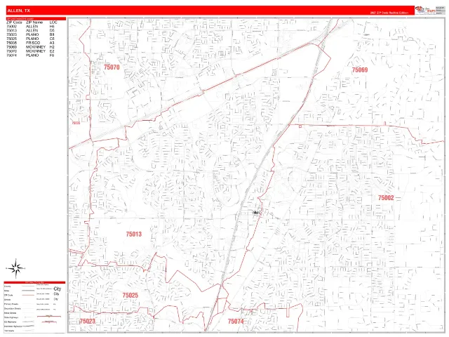 Allen, TX ZIP Code Wall Map, RedLine style
