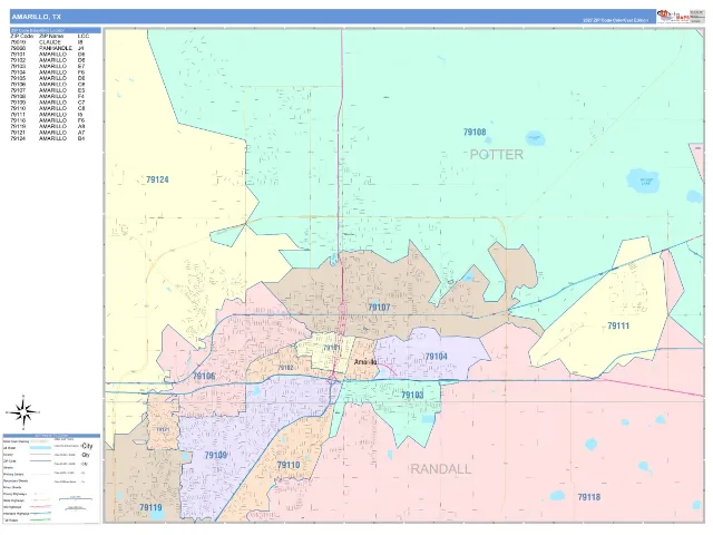 Amarillo, TX ZIP Code Wall Map, ColorCast style