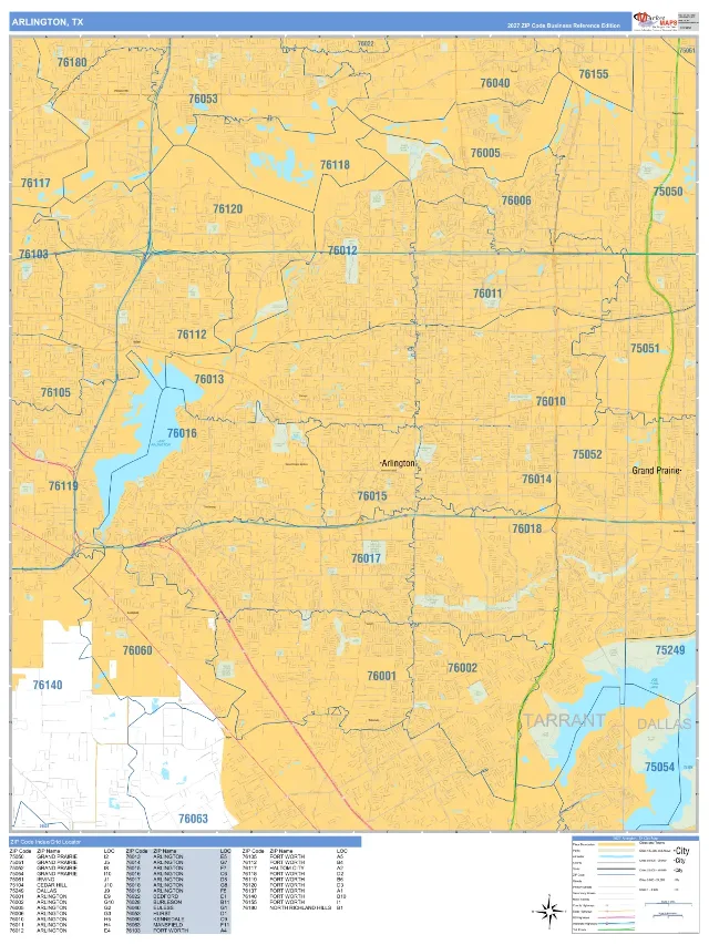 Arlington, TX ZIP Code Wall Map, Business Reference style