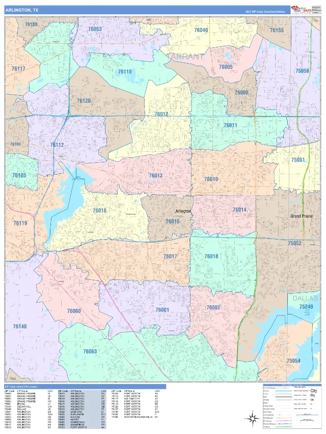 Arlington, TX ZIP Code Wall Map, ColorCast style