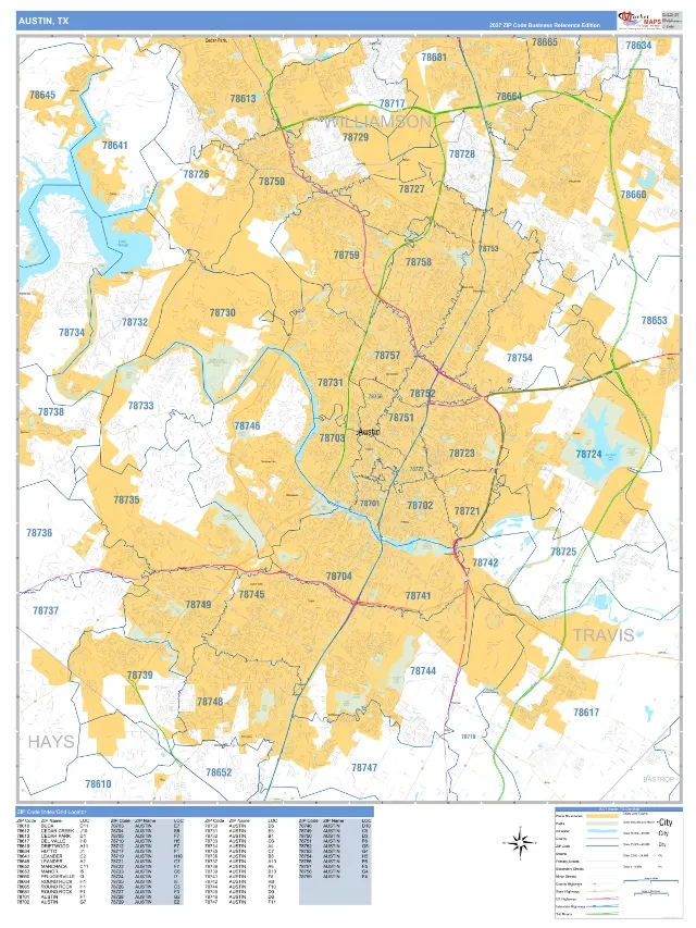 Austin, TX ZIP Code Wall Map, Business Reference style