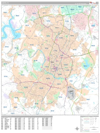 Austin, TX Classic style ZIP Code wall map