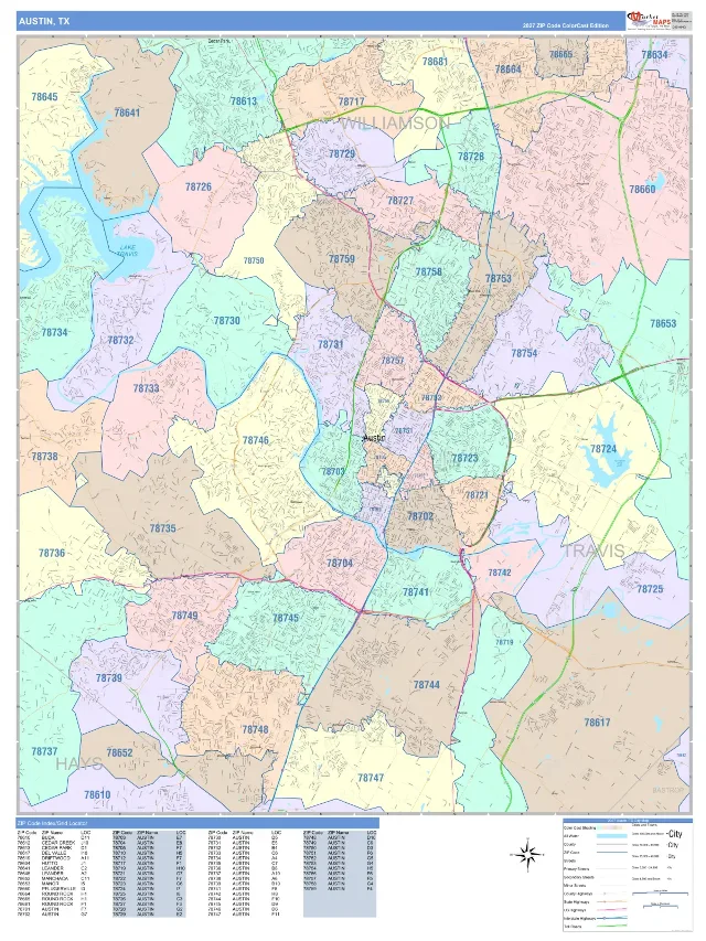 Austin, TX ZIP Code Wall Map, ColorCast style
