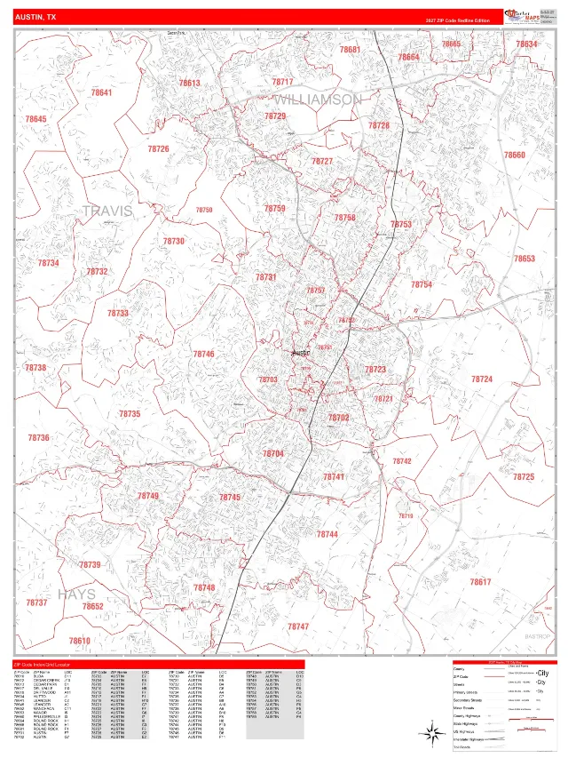 Austin, TX ZIP Code Wall Map, RedLine style