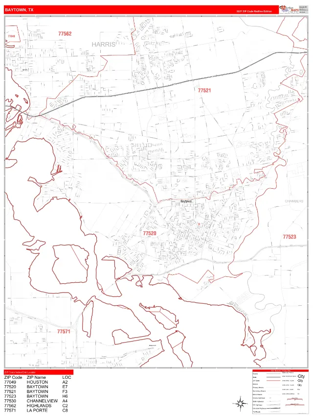 Baytown, TX ZIP Code Wall Map, RedLine style