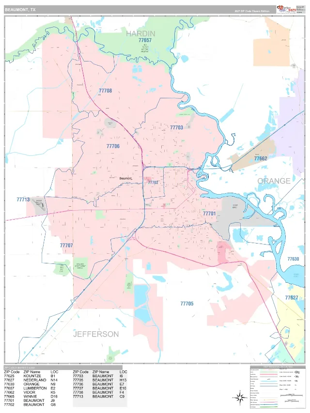 Beaumont, TX ZIP Code Wall Map, Classic style