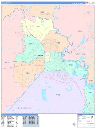 Beaumont, TX ColorCast style ZIP Code wall map
