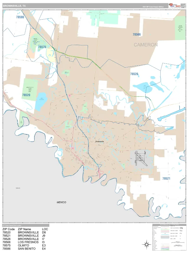 Brownsville, TX ZIP Code Wall Map, Classic style