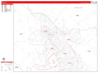 Bryan, TX RedLine style ZIP Code wall map