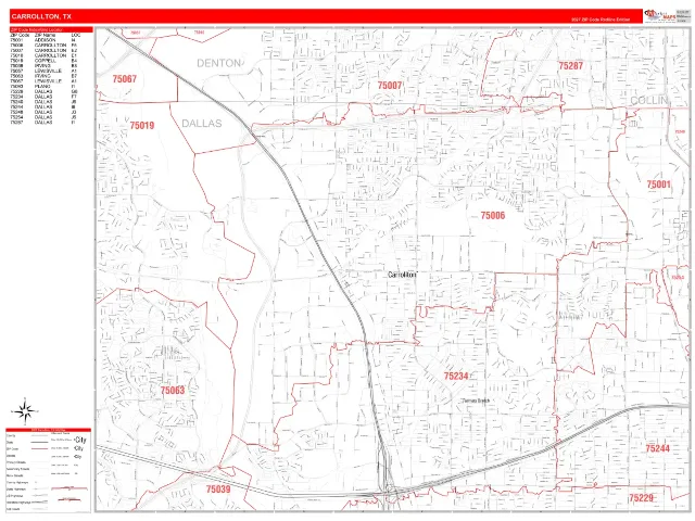 Carrollton, TX ZIP Code Wall Map, RedLine style