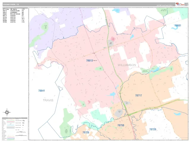 Cedar Park, TX ZIP Code Wall Map, Classic style