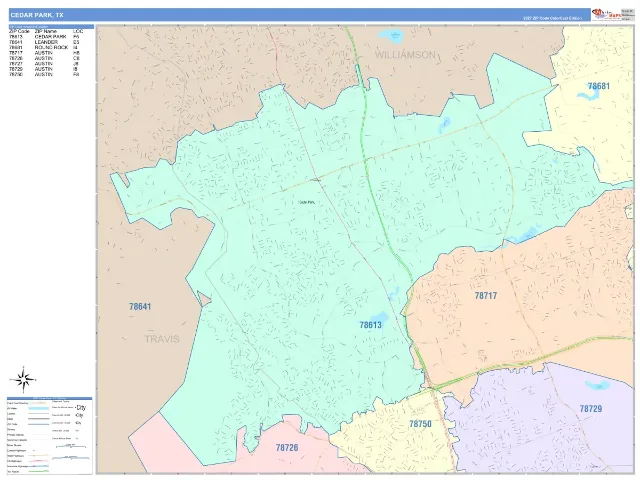 Cedar Park, TX ZIP Code Wall Map, ColorCast style