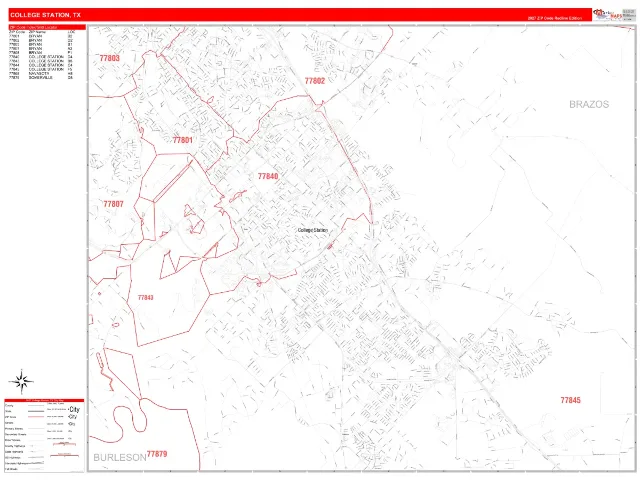 College Station, TX ZIP Code Wall Map, RedLine style