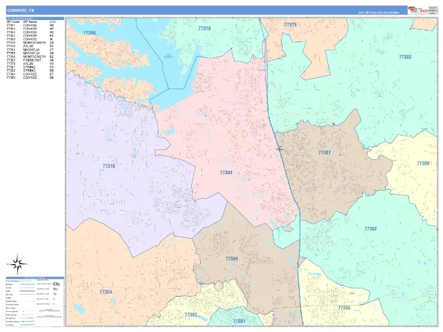 Conroe, TX ZIP Code Wall Map, ColorCast style