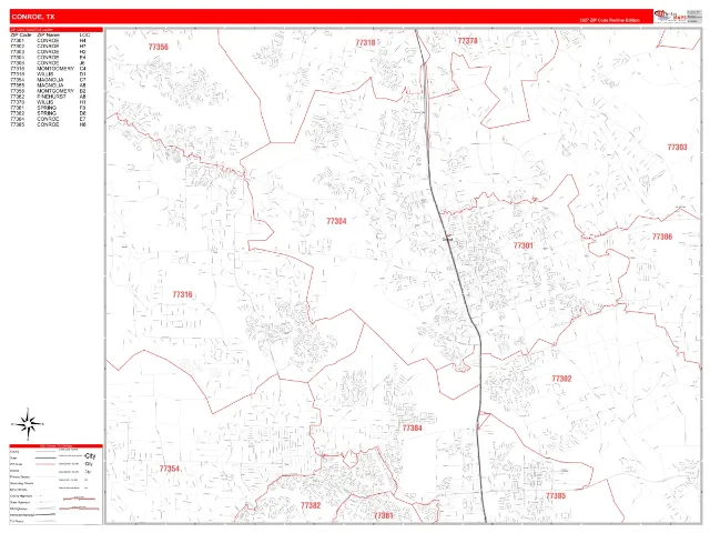 Conroe, TX ZIP Code Wall Map, RedLine style