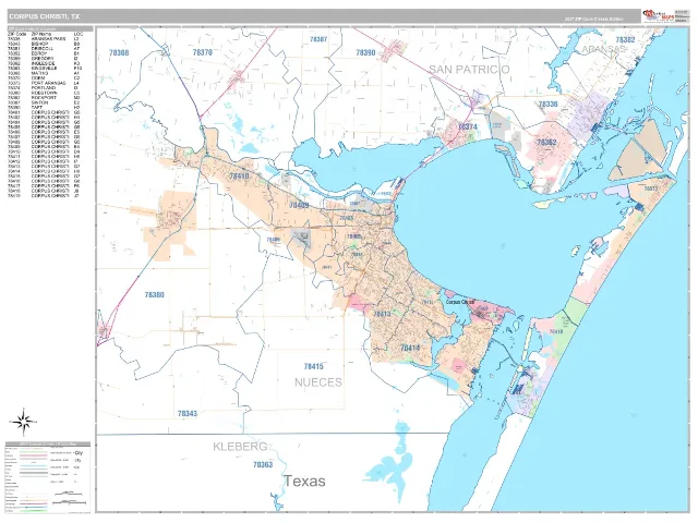 Corpus Christi, TX ZIP Code Wall Map, Classic style